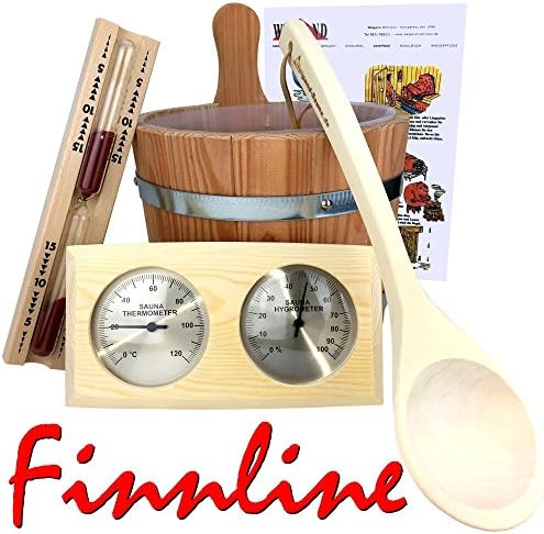 'Finn Sauna Accessory Set "Classic Sauna Bucket 5 L with plastic insert I I I Sand Timer Thermometer/Hygrometer/Combination I Swimming Teeth Board I Sauna Accessory