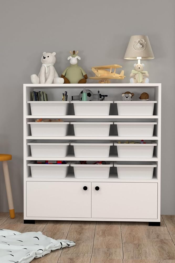 Rüya No.6 On İki Sepetli Modern Kullanışlı Oyuncak Dolabı Beyaz-Beyaz