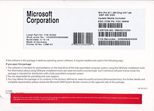 Microsoft Windows 8 1 Pro - Sistemas operativos  Original Equipment Manufacturer  OEM   20 GB  2 GB  1 GHz  ENG  DVD 