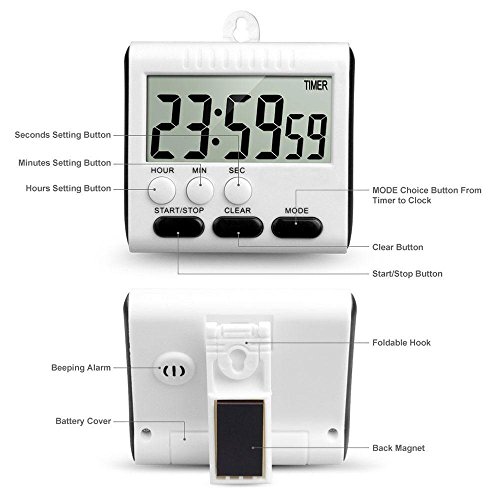 Digital Küche Kochen Timer, KOBWA 24h Magnetische Küche-Timer Küchenuhr Kurzzeitmesser Stoppuhr mit Laut Alarm, Großem Display-Bildschirm, Einziehbare Standplatz Hook, Starke Magnetische Rückseite (inklusive Batterie)