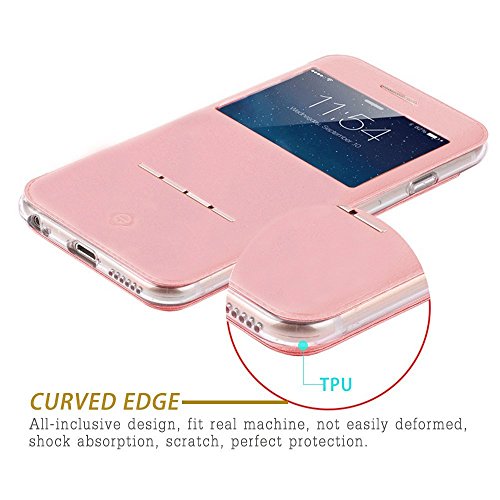 TOTU Touch Series Folio Flip PU Leather Smart View Window Case Cover with Kickstand and [Metal Sensor] for Apple iPhone 6 Plus / iPhone 6S Plus 5.5 inch (Rose gold)