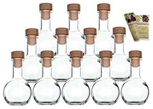 gouveo 12er Set leere 100 ml Tulip Flaschen incl. Holzgriffkorken und 28-seitige Flaschendiscount-Rezeptbroschüre Milchflaschen Saftflaschen Essigflaschen Ölflaschen