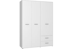 ‎FORTE FORTE Jupiter Schrank 140 150, weißer Kleiderschrank, Drehtürenschrank, 3-türig, mit 2 Schubladen und Einlegeböden, Weiß, 145 cm breit x 53 cm tief x 200 cm hoch