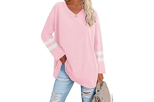 Famulily Women's Long Sleeve T Shirts Striped Long Sleeve V Neck Round Neck Comfy Cotton Loose Tunic Tee Blouse Tops