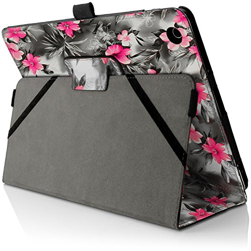 igadgitz ‚Vintage Kollektion‘ Pink auf Schwarz Blumen PU Ledertasche Hülle Folie Cover für Asus Transformer Book 10.1″ T100 CHI FG007B mit Multi Winkelbetrachtung Stand + Auto Sleep/Wake + Displayschutzfolie - 5