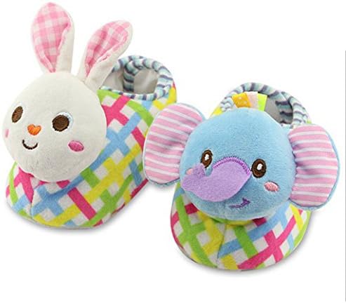 Amazemarket Fashionable Baby Warm Comfortable Anti-Slip Silicone Dots Rattle Toy shoes Learn to walk Soft Plush Lovely Animals Infant Toddler Early Learning (No original packaging rabbit+elephant)