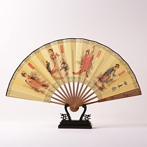 GUYOUYY Folding fan/Chinese style ancient yellow silk cloth men's fan wenwan manual folding carving craft classical folding fan/summer custom,13 inches four beautiful figure