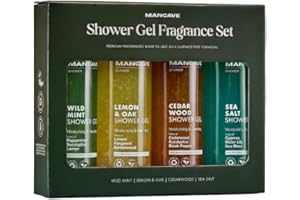 Mancave Men's Ultra-Premium Shower Gel Fragrance Gift Set, 4 x 500ml Natural Sulphate Free Shower Gels: Wild Mint, Lemon & Oak, Cedarwood and Sea Salt fragrances, Vegan Friendly, Packaging May Vary