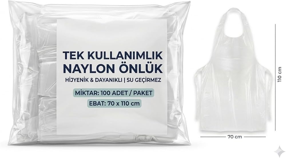 100 Adet Tek Kullanımlık Naylon Önlük 70x110 cm - 20 Mikron Kalınlık - Beyaz Hijyen Önlüğü