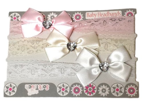 Baby Girls 3 Piece Lacey Headbands Gift Set Infants Cute Diamante Bows White Pink Cream Stretch 0-6 Months