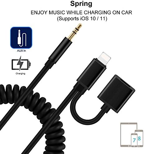 Spring Aux +Charging 2 in 1 Cord Cable for Car for iPhone 8 /iPhone 7 Lightning to 3.5mm Headphone Jack Coiled Audio Cable Adapter iPhone X,iPod,Home Stereo,Hi-Fi,Headphones,Speaker(Support iOS 11)