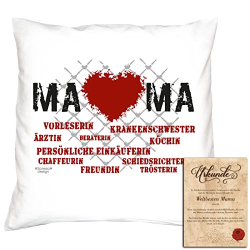 Geschenk-Set : Kissen mit Urkunde : Herz Mama : Persönliche Geschenkidee Muttertag Muttertagsgeschenk Geschenk idee Dekokissen inkl. Füllung Farbe:weiss - 5