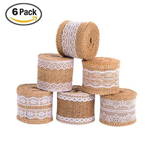 Tesan Natürlich Leinen Band mit Weiß Spitze für DIY Handgemacht Hochzeit Handwerk Spitze Leinen,6 einem anderen design,6 Stück