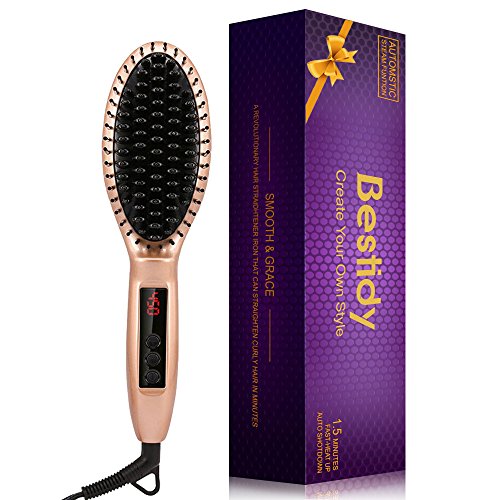 Bestidy Cepillo Alisador con Guantes Aislantes, Peine Eléctrico para Pelo Encrespado Sedoso, Cepillo de Pelo Antiquemadura y Antiestático, Temperatura Ajustable con Pantalla LED, Barnizado (de oro)