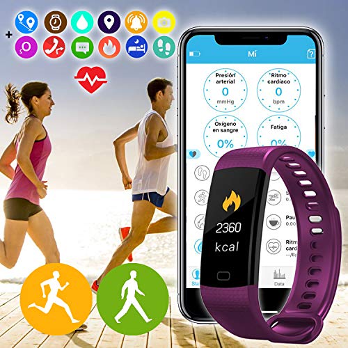Pulsera de Actividad Inteligente Y5 con Pantalla táctil. Monitor de Frecuencia Cardíaca HR, Resistente al Agua con protección IP67, medidor de calorias y Pasos (Violeta)