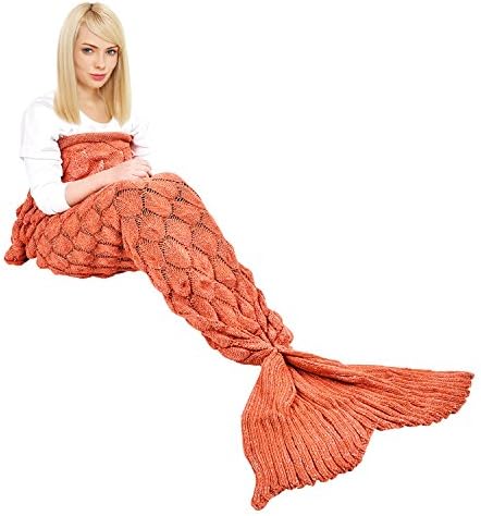 eCrazyBaby Wearable Mermaid Tail Blanket Crochet, All Seasons Warm Knitted Bed Blankets Sofa Living Room Quilt for Kids and Adults, Fish-Scales Pattern, 76.8" x 35.5" (195 x 90cm), Warm Orange