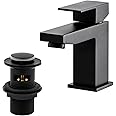 Matte Black Square Basin Taps with Drain, BATHWEST Basin Mixer Taps with Pop Up Waste, Monobloc Brass Basin Taps with Sink Plug 492MBK