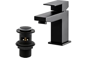 BATHWEST Square Black Basin Mixer Tap with Drain,Brass Bathroom Sink Taps with Pop-Up Waste,Matte Monobloc Ceramic Cartridge Five-Layer Shielding Bathroom Taps with Sink Plug 492MBK