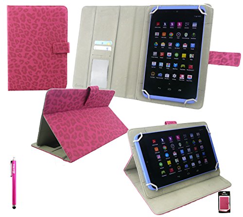 Emartbuy® Hot Rosa Eingabestift + ZTE Light 8 Tablet 7.85 Zoll Universalbereich ( 8 - 9 Zoll ) Faux Wildleder Leopard Hot Rosa Multi Angle Exekutiv Folio Mappen Kasten Abdeckung mit Kartensteckplätze