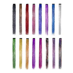 MapofBeauty 20 Inch /50 cm 16 pcs Long Straight Hair Tinsel Bright Hair Extention Glitter Clip Hairpiece (Multi Colored)