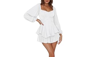 L&IESERRAM Women 's Loose Shorts Jumpsuit Solid Color Lantern Long Sleeve Square Neck Ruched Ruffled Playsuit