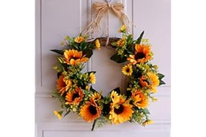 ‎SUREH 30 cm Künstlicher Sonnenblumenkranz mit gelben Sonnenblumen und grünen Blättern,Seiden-Türkranz für den Sommer, Frühlingskranz, Dekoration für die Haustür, Hochzeit, Heimdekoration