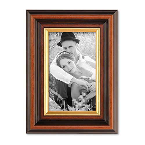 Bilderrahmen 10×15 cm Antik Dunkelbraun mit Goldkante Massivholz mit Glasscheibe inkl. Zubehör - 3