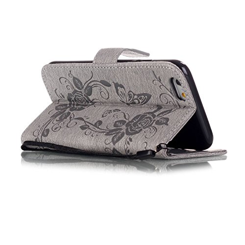 iPhone 6S / iPhone 6 Case Leather [with Free USB Charging Cable], ESSTORE-EU Elegant Butterfly Rose Patterned Embossing PU Leather Stand Function Protective Cases Covers with Card Slot Holder Wallet Book Design Fordable Strap Case for Apple iPhone 6S / iPhone 6 4.7 Inch, Grey