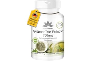 ‎HERBA DIREKT Grüner Tee Extrakt 750mg Kapseln - 100 Kapseln - Polyphenole - Catechine - EGCG - Koffein - hochdosiert - vegan | HERBADIREKT by Warnke Vitalstoffe - Deutsche Apothekenqualität
