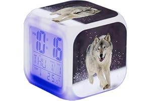Nicole Knupfer Wolf Wecker Kinder Wecker LED Night Nachttischwecker Quadrat Beleuchteter LCD Uhr Wake Up Wecker Geschenk Muster Wolf (#4)