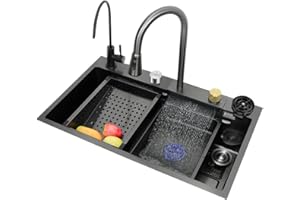 YILWNNCSE Fregadero de Cascada para Cocina, Juego Doméstico de Acero Inoxidable 304,Fregadero Integrado de lluvia volador con Grifo Extraíble (68×45×21cm)