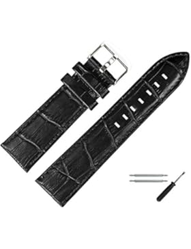 MARBURGER Uhrenarmband 22mm Schwarz - Rindsleder, Kroko Prägung - Ersatzarmband, Schließe Silber - 7892210000120