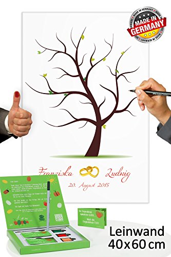Fingerabdruck Baum Leinwand INKL Zubehör-Set (Stempelkissen+Stift+Anleitung+Hochzeitsbuch+…) GRATIS + PORTOFREI – Fingerabdruck Baum Leinwand – Hochzeitsspiele und Gästebücher zur Hochzeit – Fingerabdruck Leinwand - 2