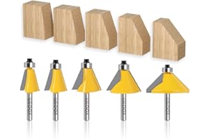 WSOOX 5PCS Chamfer Router Bit Set 1/4" Shank Edge Forming Cutter with Bearing Guided Bevel Edging Router Bit (11.25°,15°,22.5°,30°,45°.)
