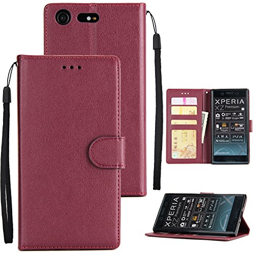 JHTC Xperia XZ Premium Case, Premium PU Leather Wallet Case,Slim Flip Folio Protective Phone Cover For Sony Xperia XZ Premium (Wine Red)