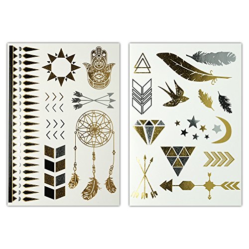 Lucky Tattoos Edition 1 – Premium Metallic Klebetattoos – 5 Bögen, 58 Motive – Gold, Silber, Schwarz - 3