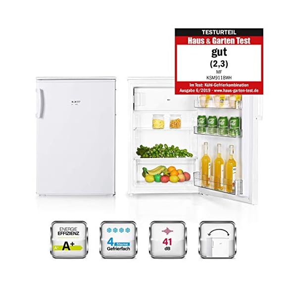 MF KSM9118WH Kühlschrank mit Gefrierfach 118 Liter A+ Freistehend, 85 cm höhe, Kühlen 103 Liter, 4-Sterne Gefrierfach 15 L, Automatische Abtauung, LED Licht, sehr niedriger Energieverbrauch, weiß