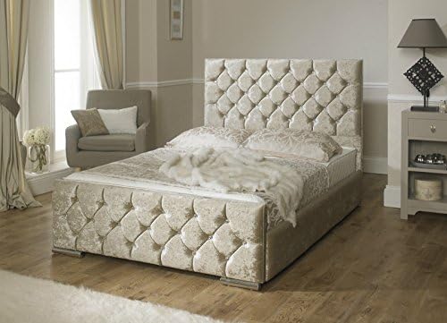 Luxury Monoco Crushed Velvet Upholstered Fabric Bed Frame with Diamond Pattern and Crystal Studded Headboard / Footboard + Under Mattress Storage Area- 4 Colours &amp; Range of Sizes