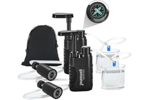 Purewell Water Filter Pump for Camping - Portable Water Purifier with 0.01 Micron Filter, Removes Bacteria - Emergency Survival Water Filtration System for Hiking, Travel & Outdoor Adventures