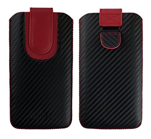 emartbuy Étui Coque Pochette en Cuir PU (Taille LM2) Noir/Rouge Carbone Fibre Finish avec Languette d'Extraction Compatible avec Smartphones Listés Ci-Dessous