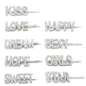 Soplus 9 Rhinestone Letter Bobby Pin, Word Crystal Hair pin, Metal Hair Clips, Sparkly Hair Accessories for Women Ladies, Silver Color
