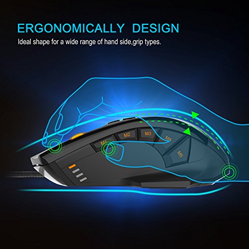 TeckNet HyperTrak - Raton gaming  16400 DPI  cableado con Avago ADNS-9800 Sensor  10 botones programables y ajuste RGB  Cartucho de ajuste de peso