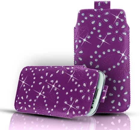 Phone Protection - Diamond Bling Leather Pull Tab Skin Case Cover Pouch Fits Various HTC Phones - Dark Purple - HTC Trophy (L)