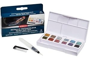 Derwent - Palette de Peintures Aquarelles Métalliques avec 12 Demi-Godets, Idéale pour la Peinture et les Loisirs Créatifs, Qualité Professionnelle, Format Voyage
