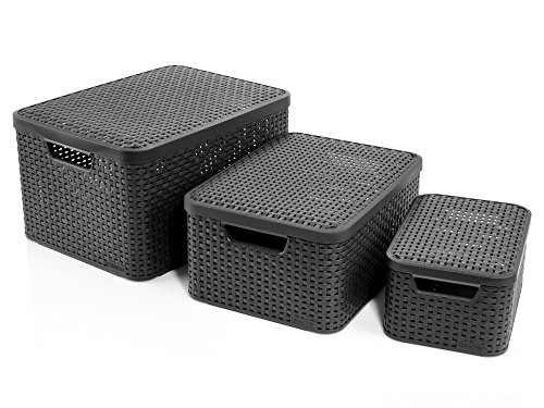 Curver Aufbewahrungsboxen ‚Style‘ im Rattan Design mit Deckel stapelbar | 3 Größen: L, M, S | Modernes Aufbewahrungsbox für Bad, Küche und Haushalt - 3