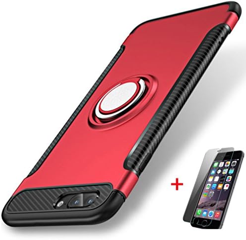 iPhone 8 Plus case, iPhone 7 plus case, Hard PC + Carbon Fiber Hybrid Back Cover Skin For apple iPhone 8 plus iphone 7plus, with Ring Holder, and HD Tempered Glass Screen Protector(red for iphonee 7/8 plus)