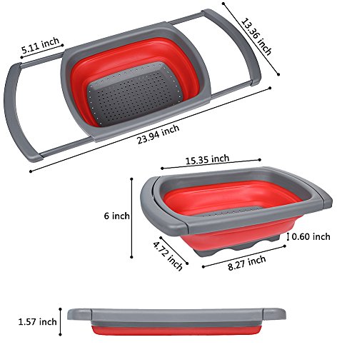 Senter Sieb faltbar über die Spüle Vegtable/Obst Sieb Teesieb mit ausziehbaren Griffen (grün und rot) 39*26*5.5 rot - 2