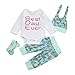 Produktbild URSING Neugeboren Säugling Baby Brief Gedruckt Spielanzug Tops + Blumen Hose Sport Hosen + Attraktiver Hut + Niedlich Bogen Stirnband Fallen Winter 4Pcs Outfits Kleider Set (3-6Monate, Weiß)