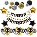 Produktbild Weimi Happy Birthday Banner Recosis Birthday Bunting Paper Garland with 12pcs Tissue Paper Pom Poms and 20pcs Balloons for Birthday Party Decorations - Black, Gold and Silver