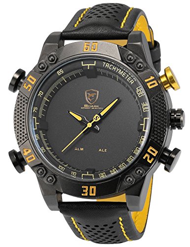 Shark Herren LED Digital Analog Armbanduhr XXL Schwarz Gelb Leder Uhrband SH231 Shark Herren LED Digital Analog Armbanduhr XXL Schwarz Gelb Leder Uhrband SH231
